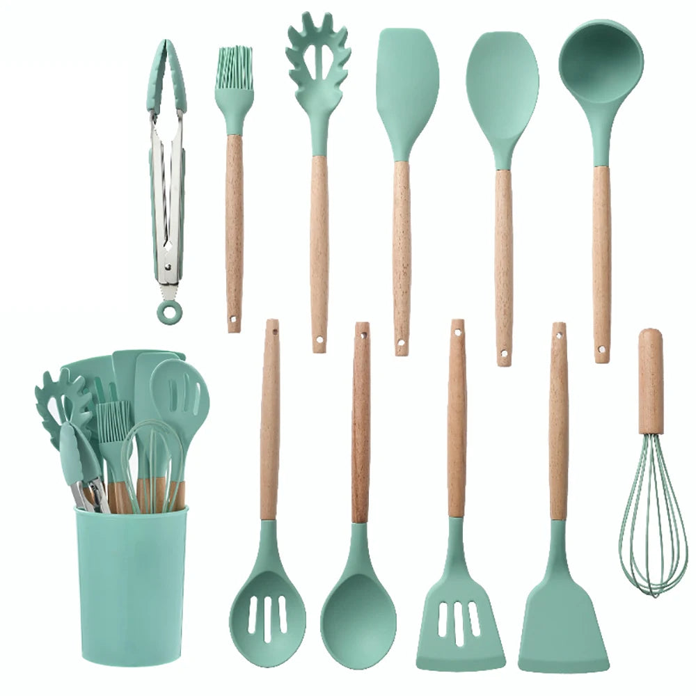 Feature Silicone Kitchen Utensils Set Nonstick With Wooden Handles