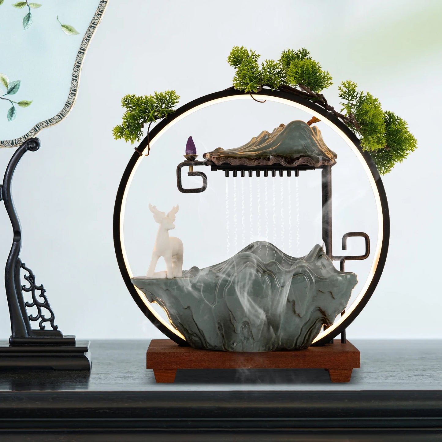 Bymaocar LED Waterfall Fountain With Mist Maker Warm Light