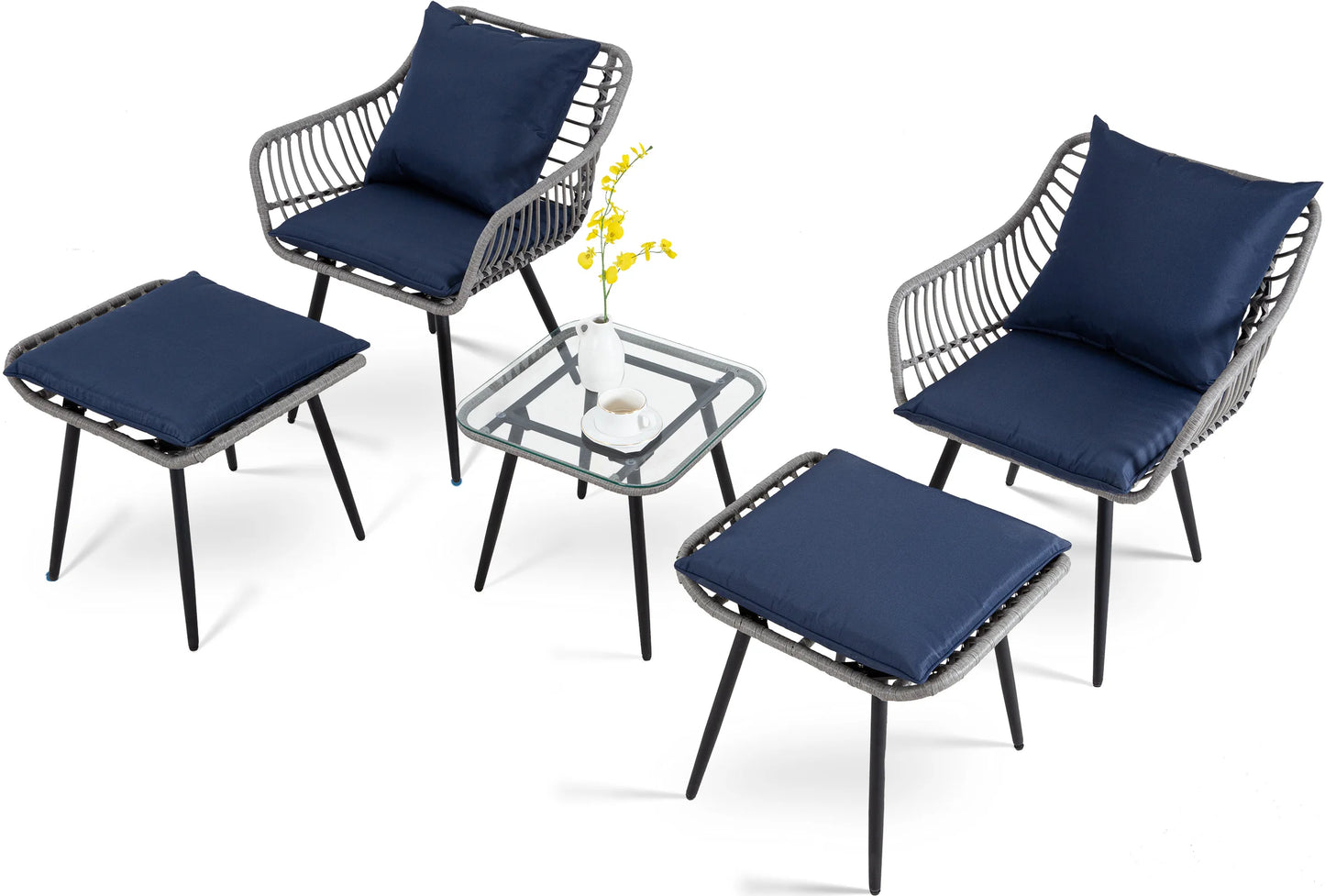SEOGWISAM 5-Piece Outdoor Patio Bistro Set With Wicker Chairs And Ottoman
