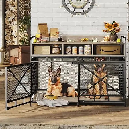 Wooden Dog Crate End Table With Drawers And Storage