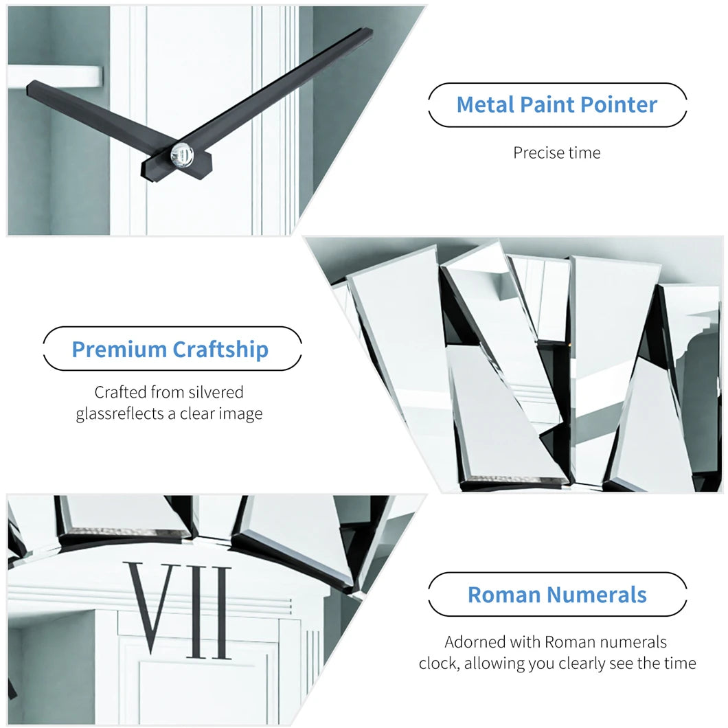 Combination 3D Mirrored Sunburst Wall Clock With Roman Numerals