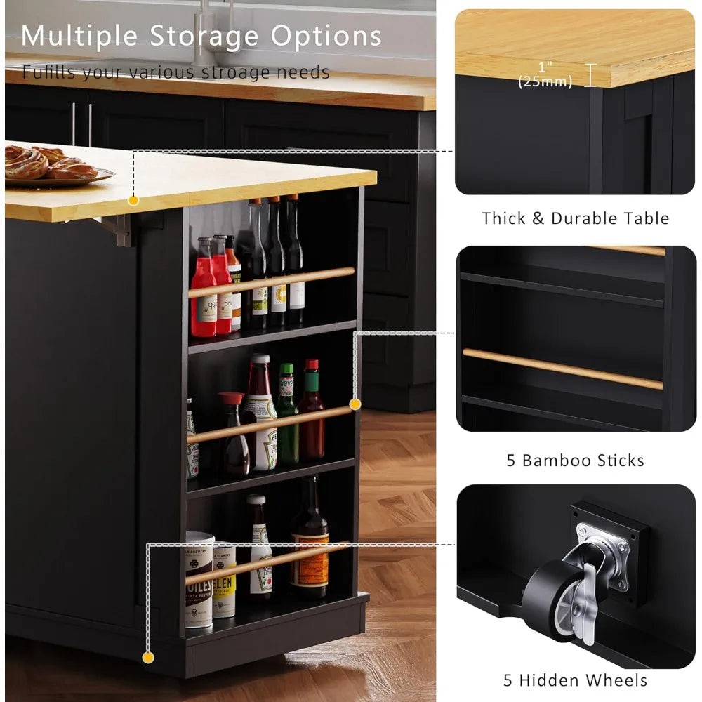MKDK Mobile Kitchen Island With Drop Leaf And Power Outlet