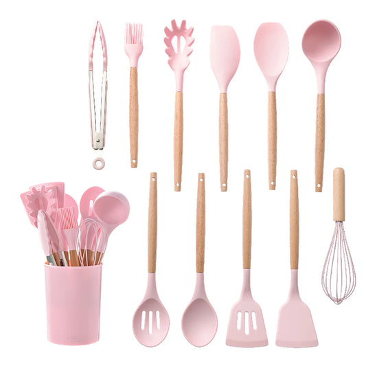 Feature Silicone Kitchen Utensils Set Nonstick With Wooden Handles