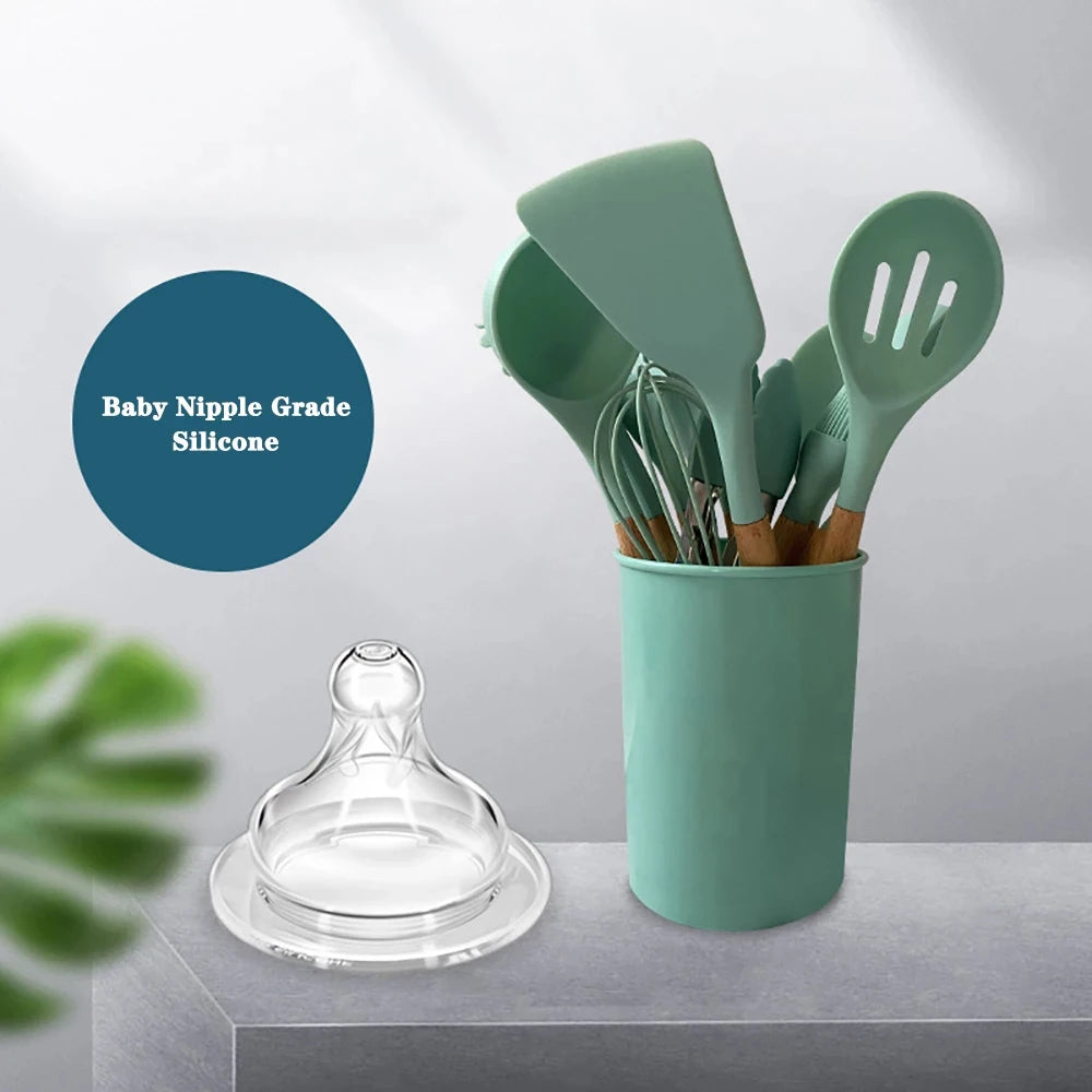 Feature Silicone Kitchen Utensils Set Nonstick With Wooden Handles