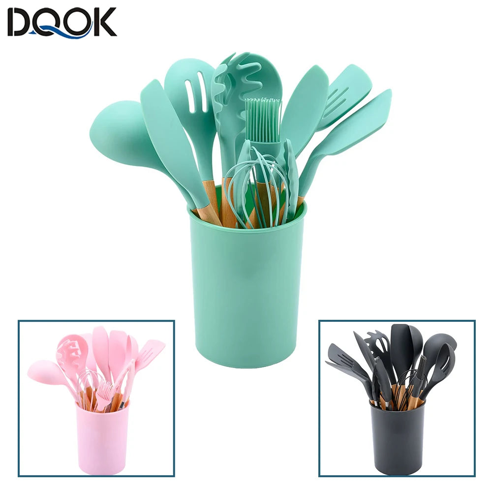 Feature Silicone Kitchen Utensils Set Nonstick With Wooden Handles