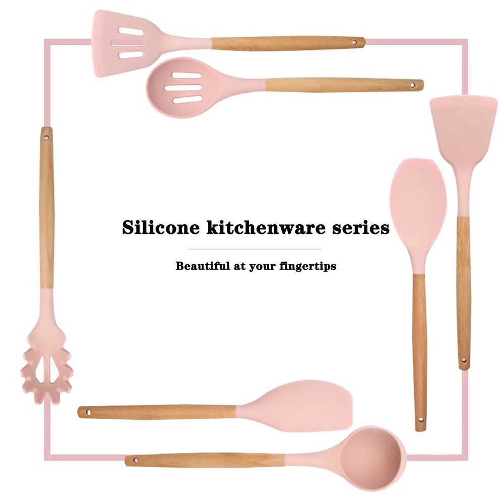 Feature Silicone Kitchen Utensils Set Nonstick With Wooden Handles