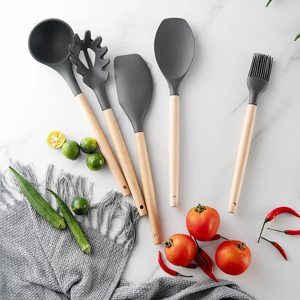 Feature Silicone Kitchen Utensils Set Nonstick With Wooden Handles