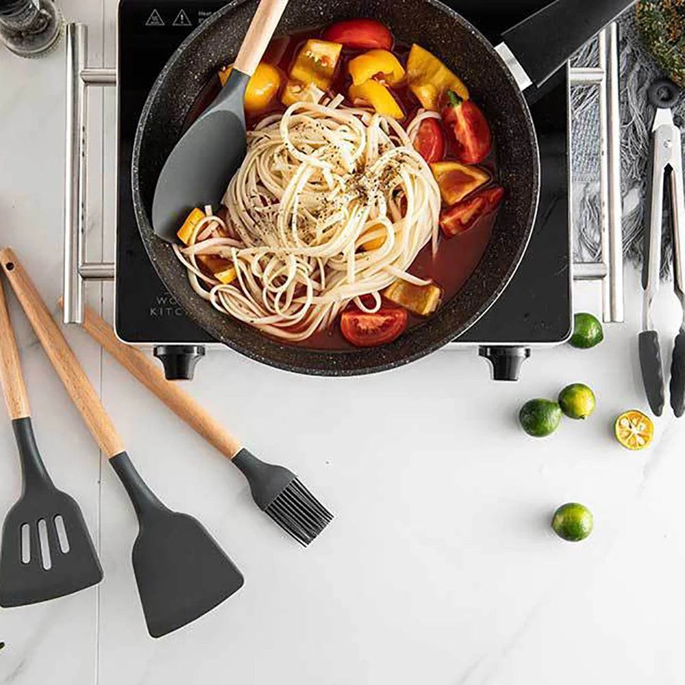 Feature Silicone Kitchen Utensils Set Nonstick With Wooden Handles