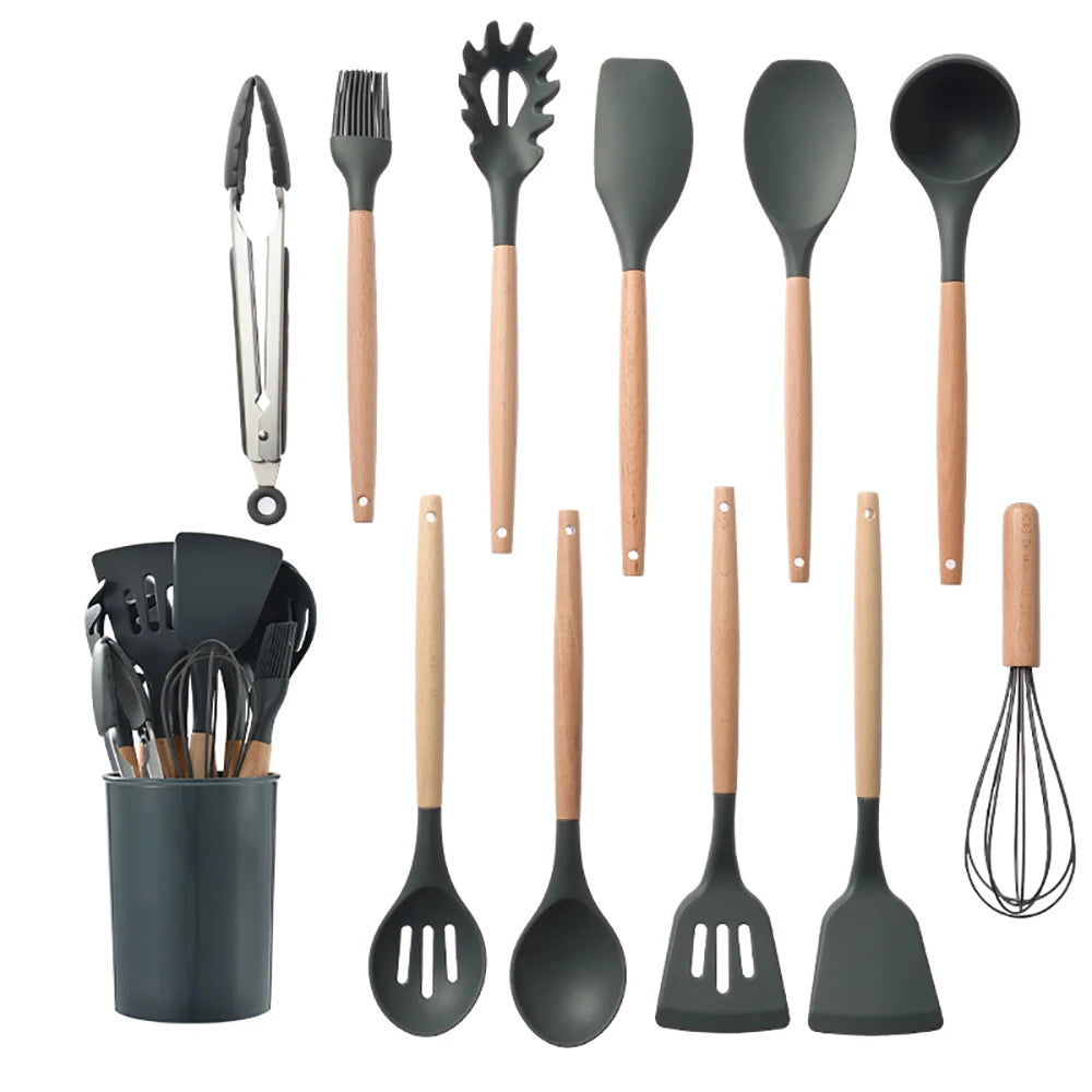 Feature Silicone Kitchen Utensils Set Nonstick With Wooden Handles
