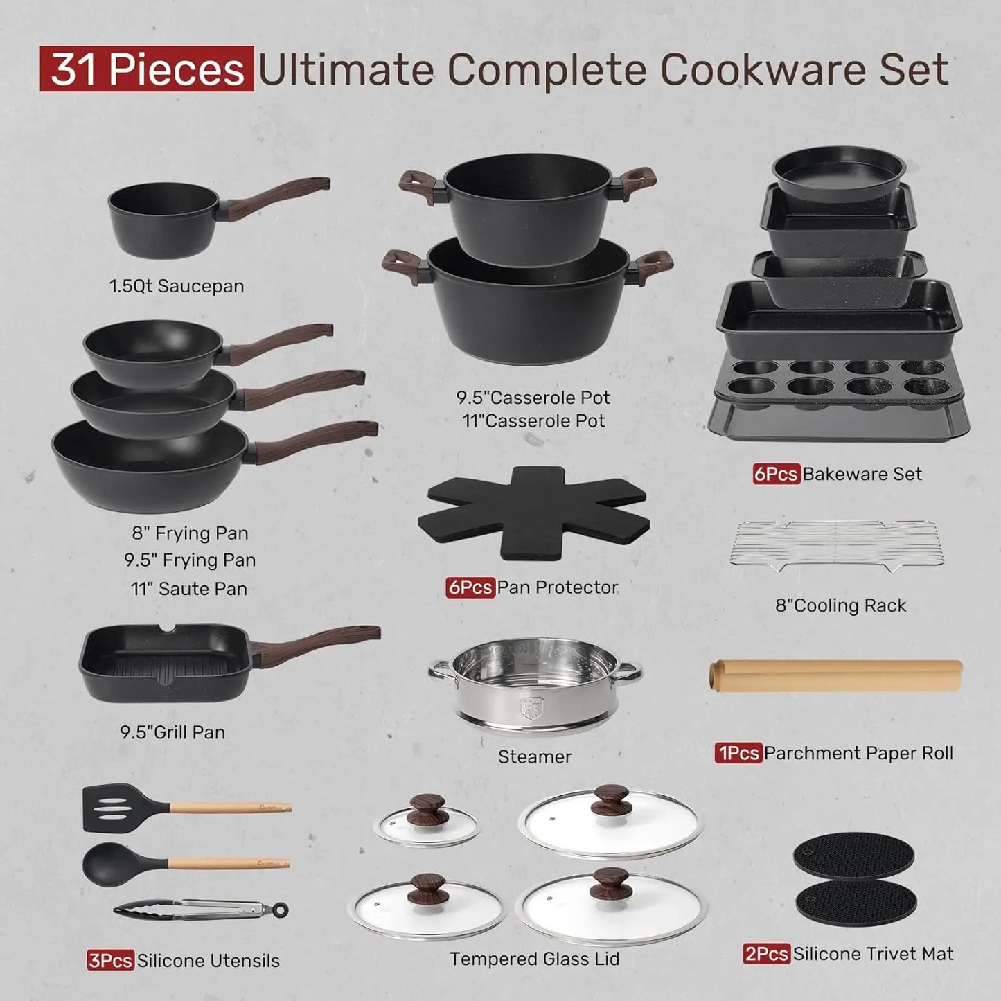FCM Pots And Pans Set Nonstick 31 Piece Cookware Collection