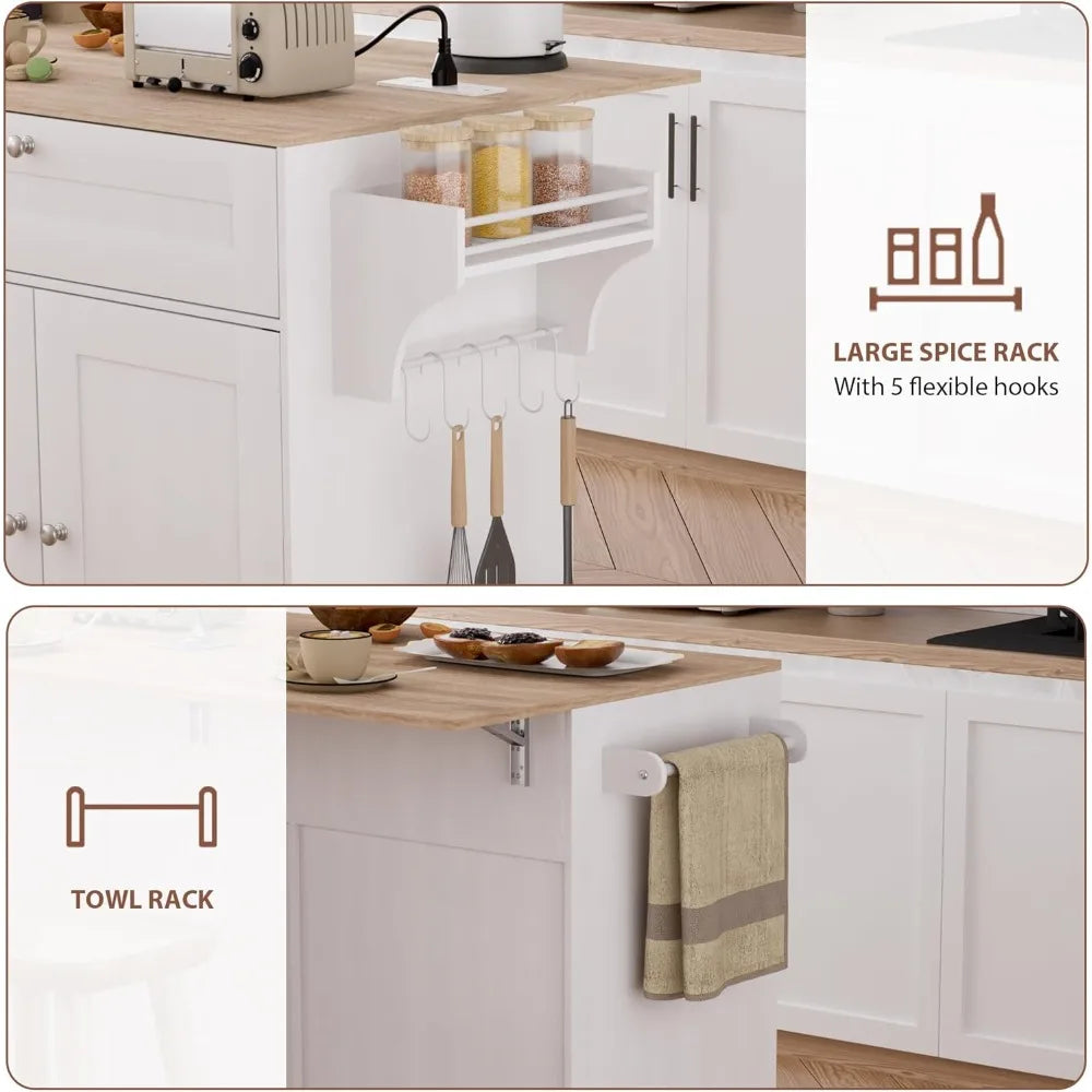 Mobile Kitchen Island With Drop Leaf Table And Storage