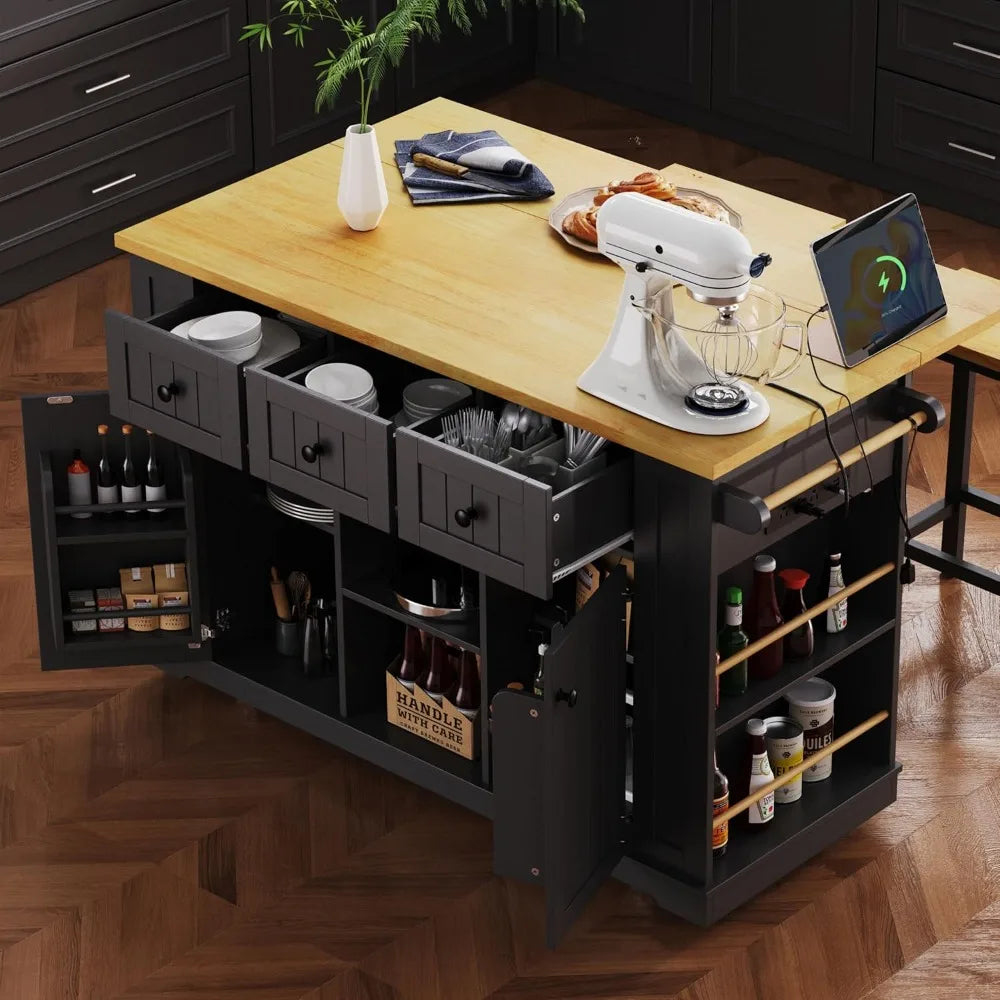 MKDK Mobile Kitchen Island With Drop Leaf And Power Outlet