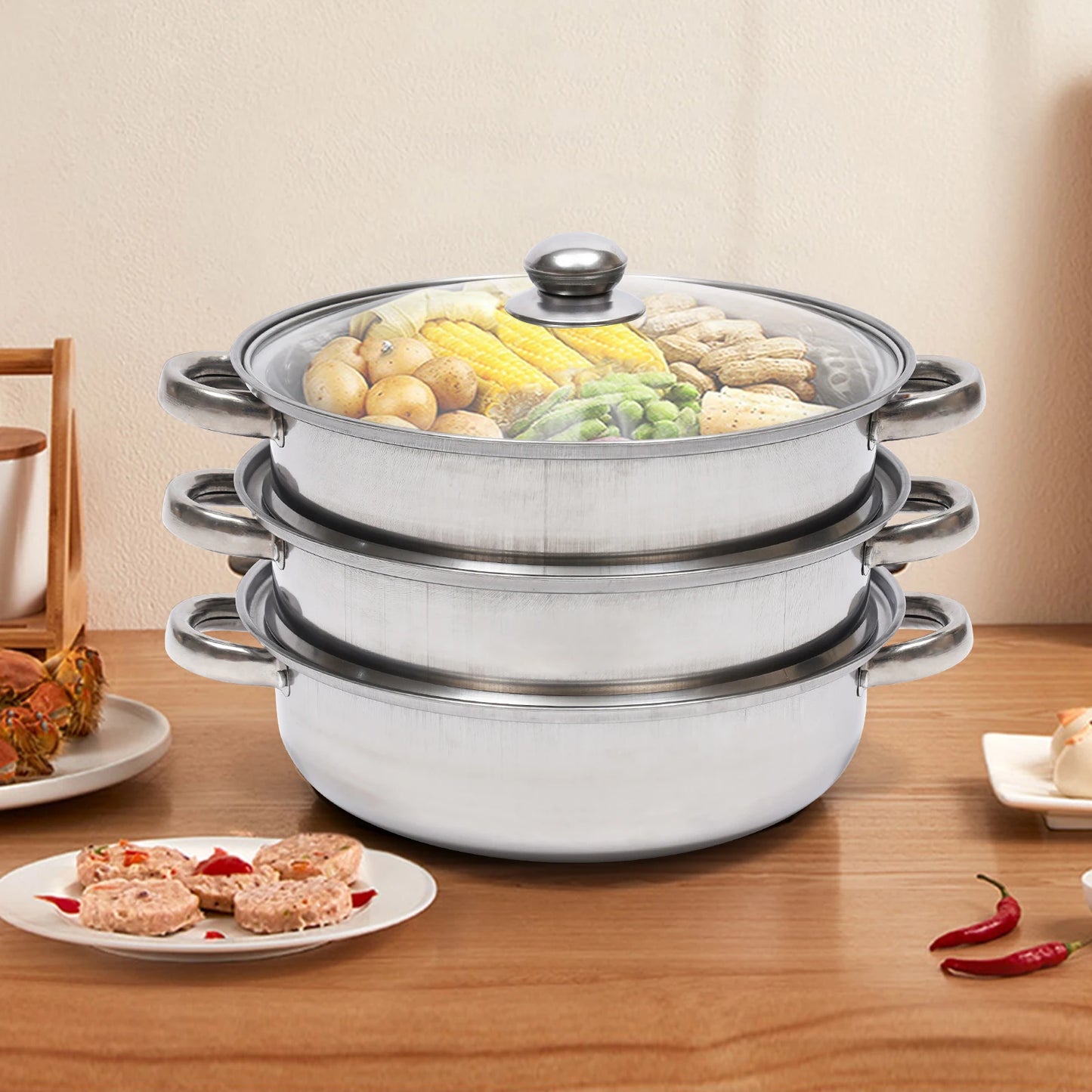 Feature Three Tier Stainless Steel Steamer Pot For Vegetables