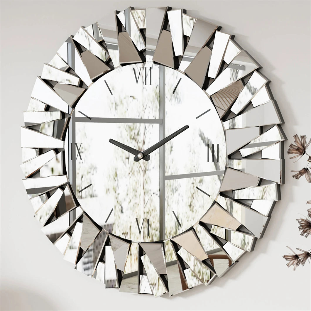 Combination 3D Mirrored Sunburst Wall Clock With Roman Numerals