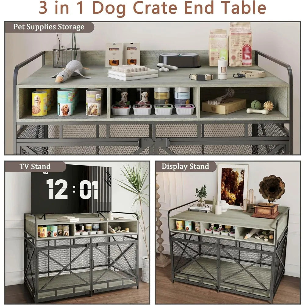 Wooden Dog Crate End Table With Drawers And Storage