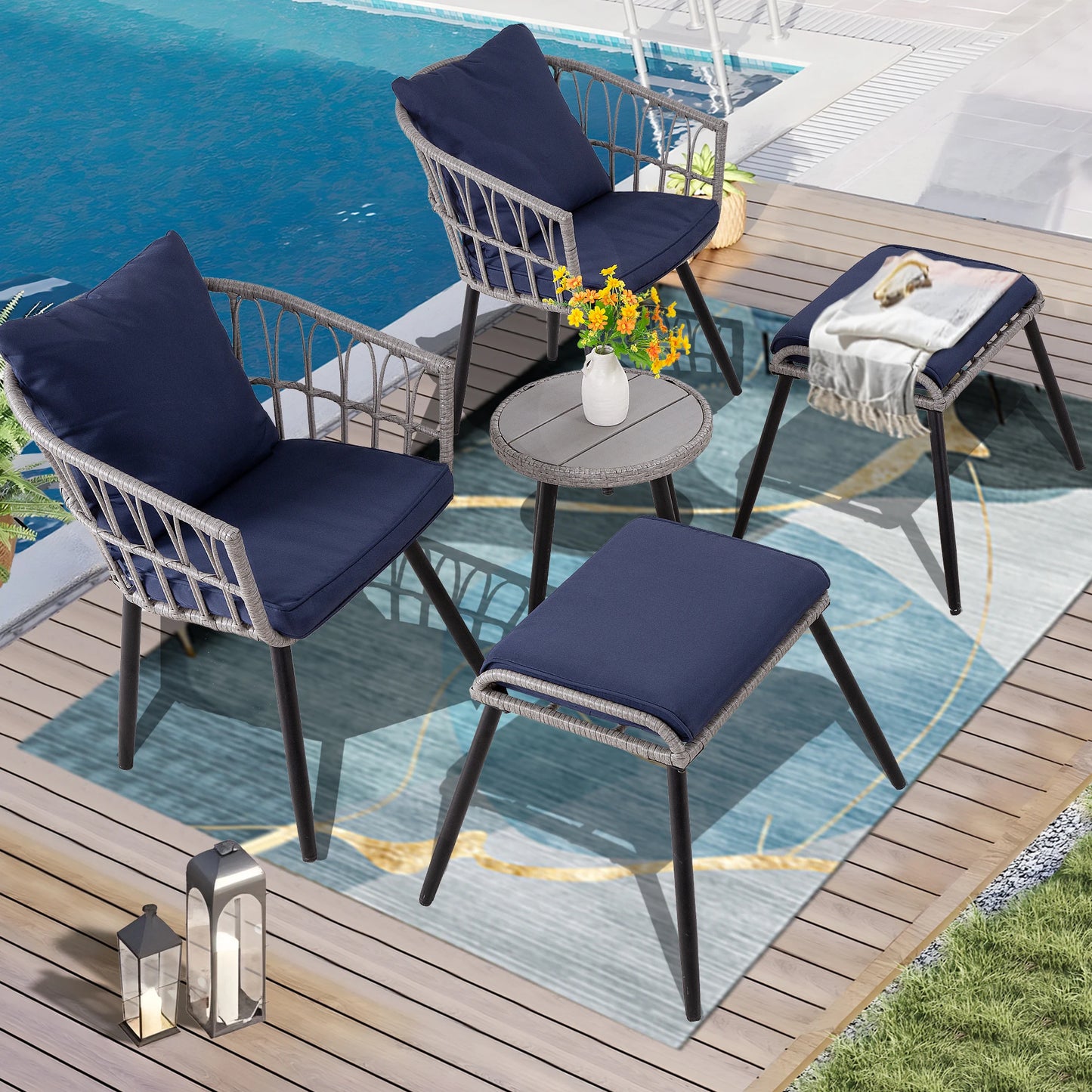SEOGWISAM 5-Piece Outdoor Patio Bistro Set With Wicker Chairs And Ottoman