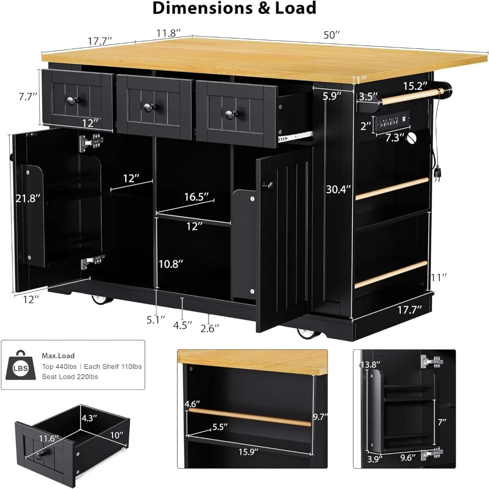 MKDK Mobile Kitchen Island With Drop Leaf And Power Outlet