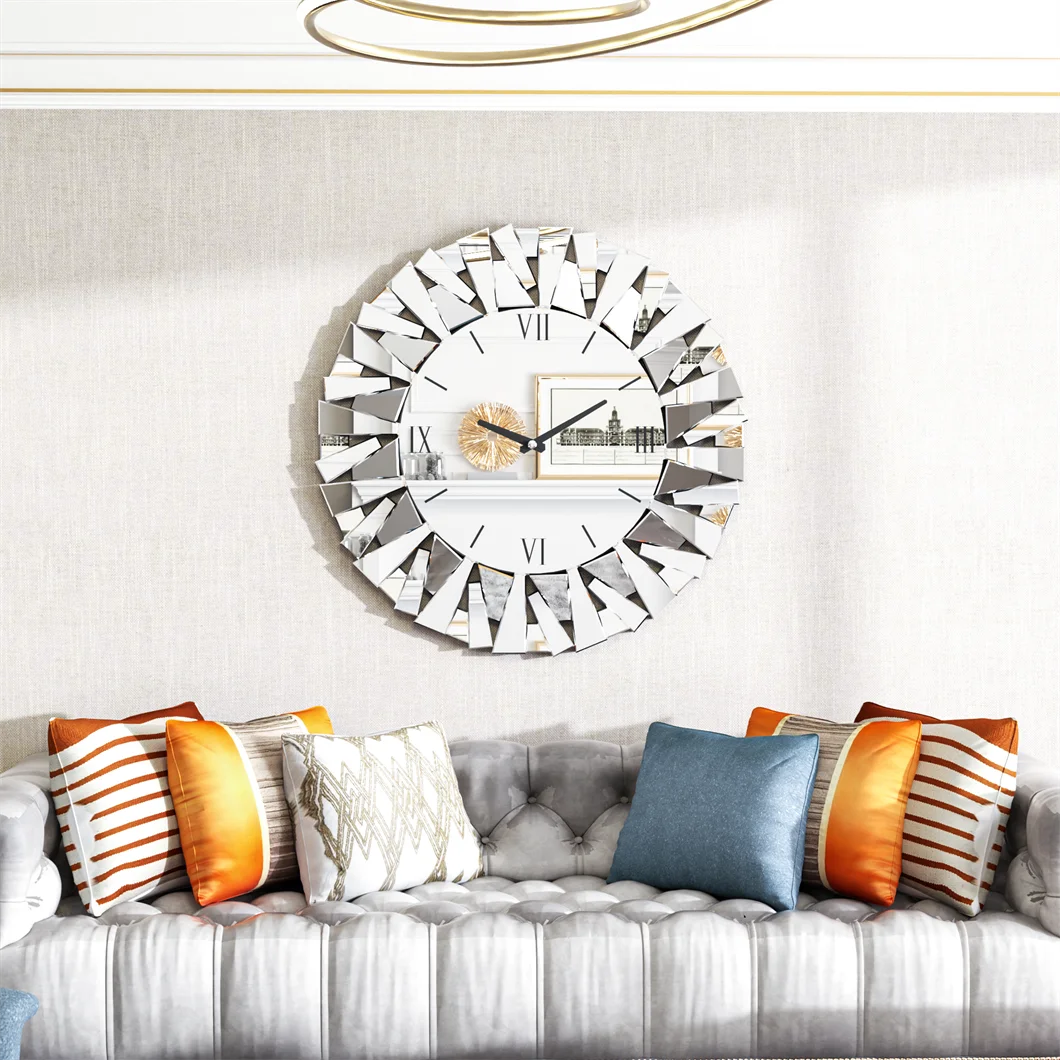 Combination 3D Mirrored Sunburst Wall Clock With Roman Numerals