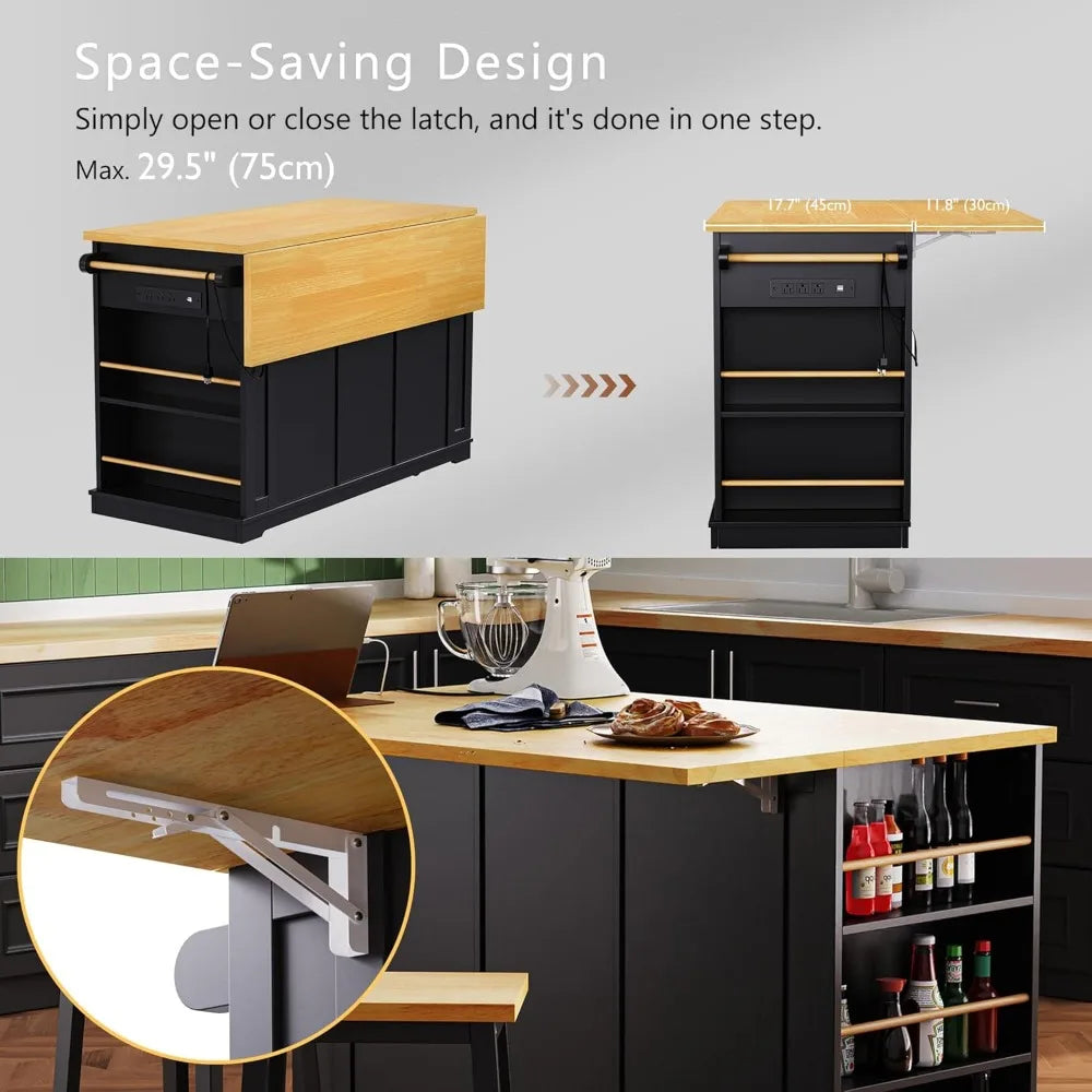 MKDK Mobile Kitchen Island With Drop Leaf And Power Outlet