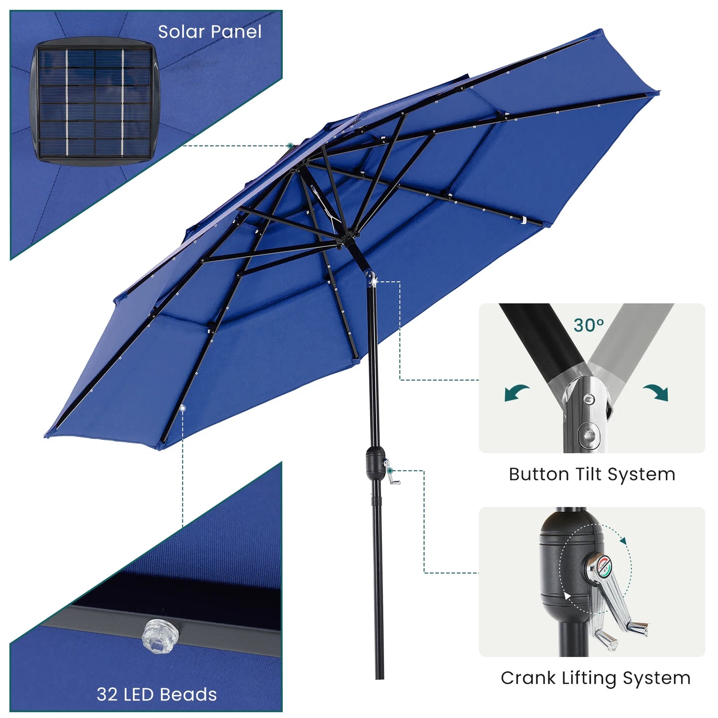 JHK Solar LED Patio Umbrella With Tilting Table