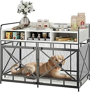 Wooden Dog Crate End Table With Drawers And Storage