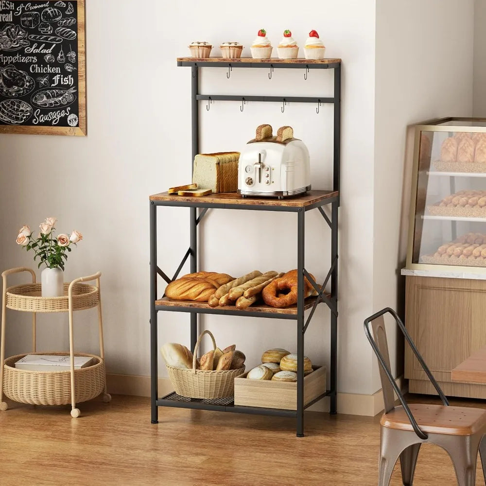 RBXC Kitchen Bakers Rack With Storage Shelves And Hooks