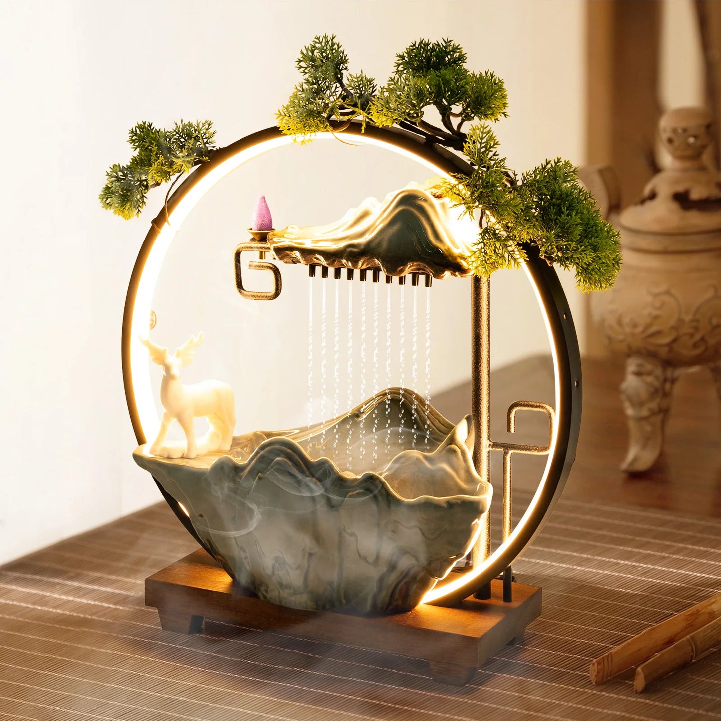 Bymaocar LED Waterfall Fountain With Mist Maker Warm Light