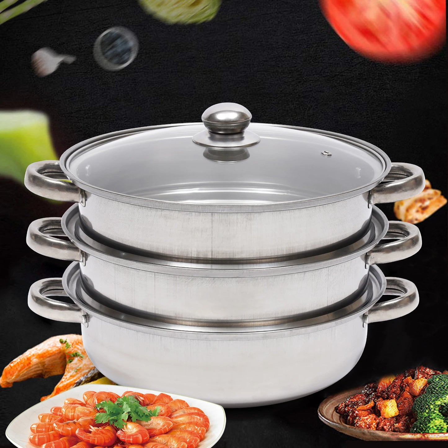 Feature Three Tier Stainless Steel Steamer Pot For Vegetables
