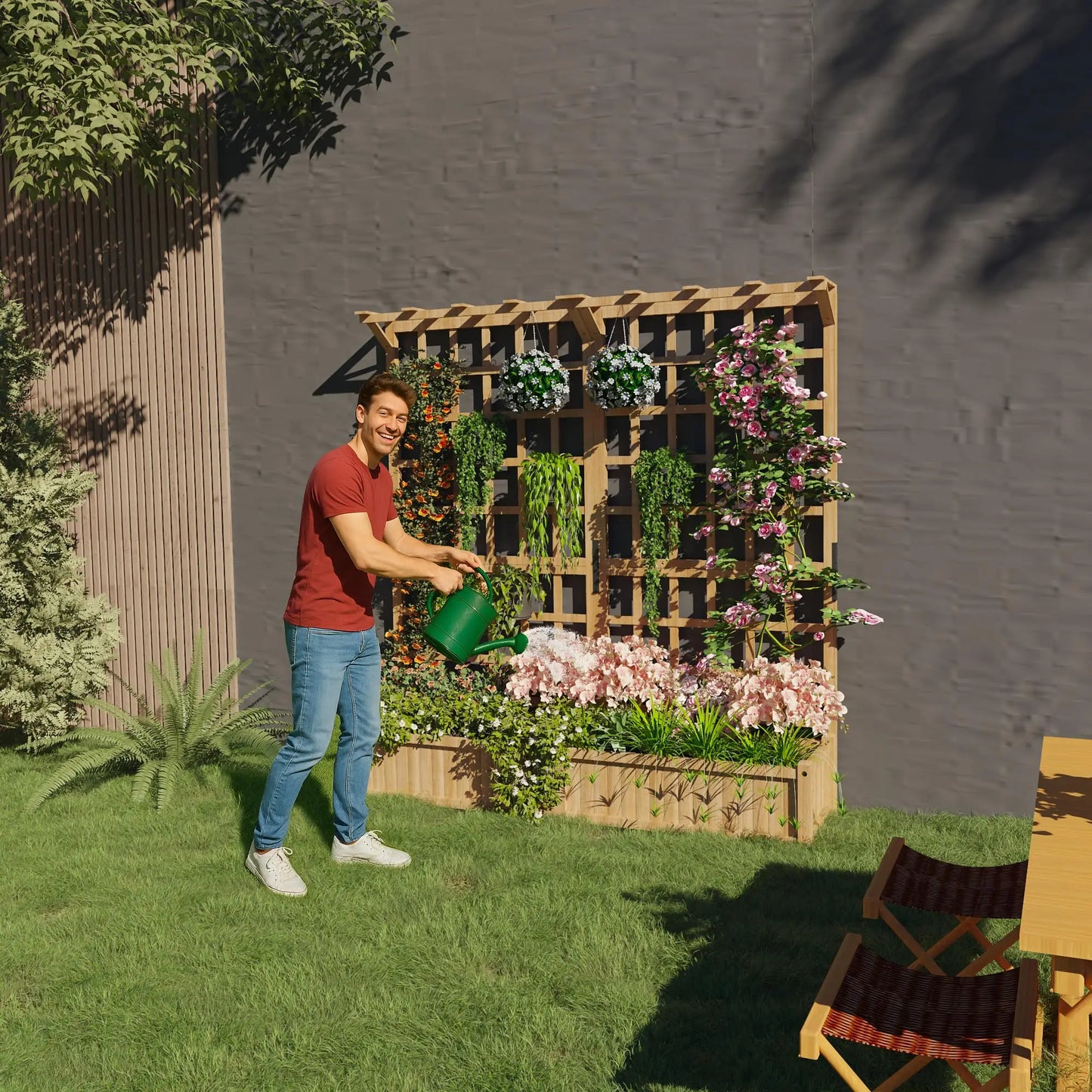 HiMISS Two-Tier Wooden Planter Box With Trellis