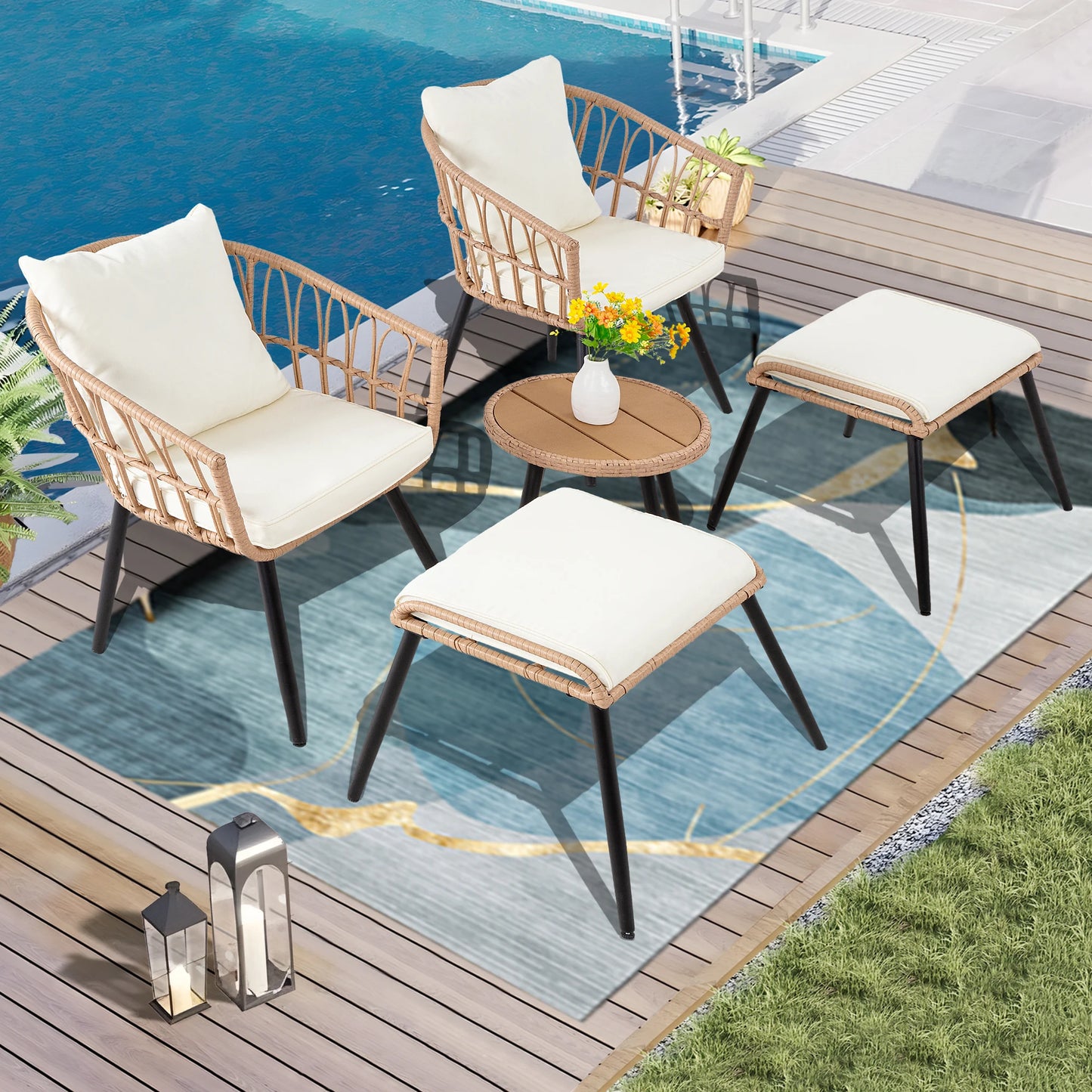 SEOGWISAM 5-Piece Outdoor Patio Bistro Set With Wicker Chairs And Ottoman
