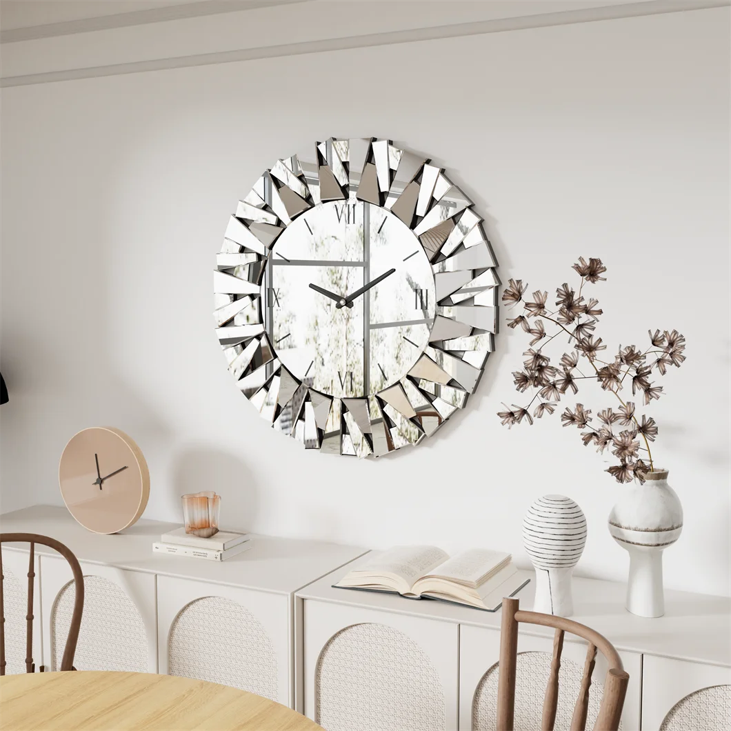 Combination 3D Mirrored Sunburst Wall Clock With Roman Numerals