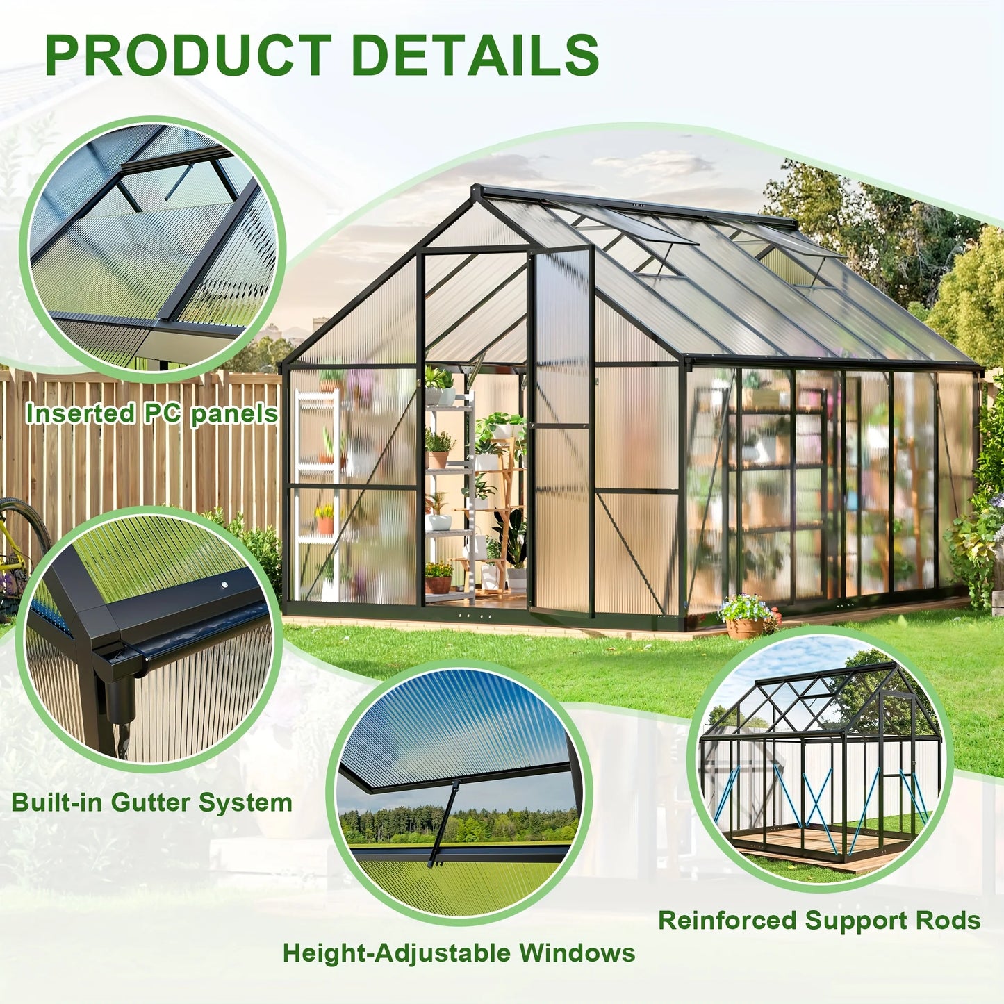 VIWAT Polycarbonate Greenhouse With Aluminum Frame UV Protection