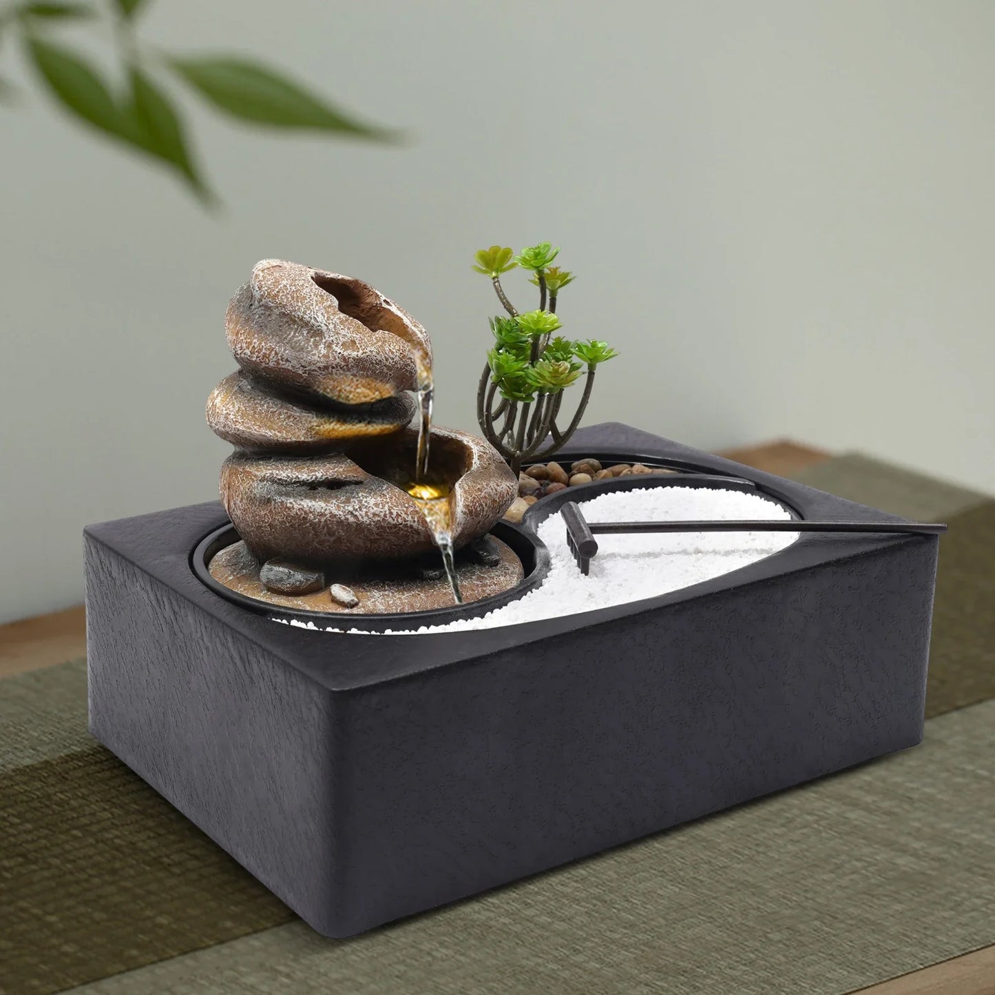 Bymaocar Tabletop Rock Water Fountain LED Desk Decor
