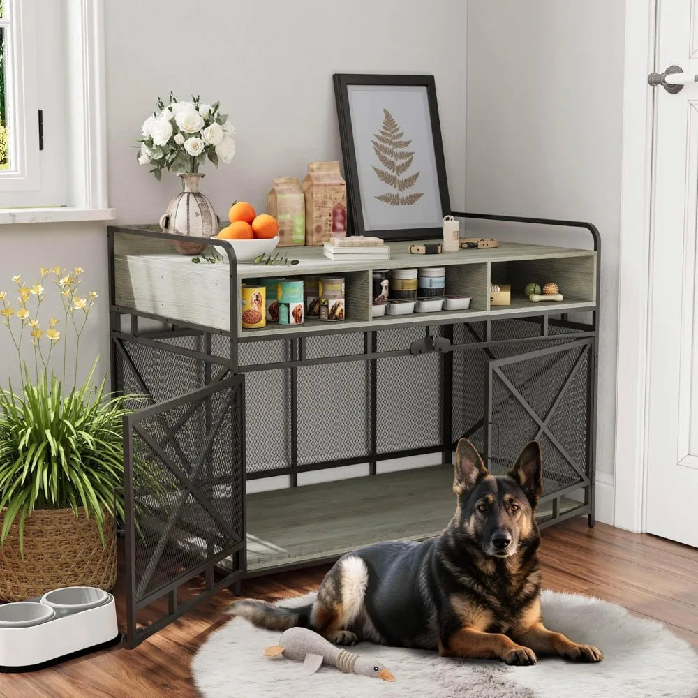Wooden Dog Crate End Table With Drawers And Storage