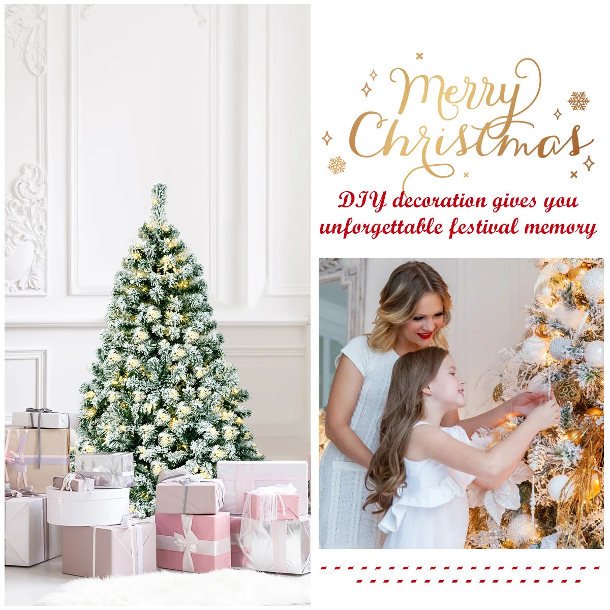 MULTIGOTE Pre Lit Snow Flocked Hinged Christmas Tree 200 Lights