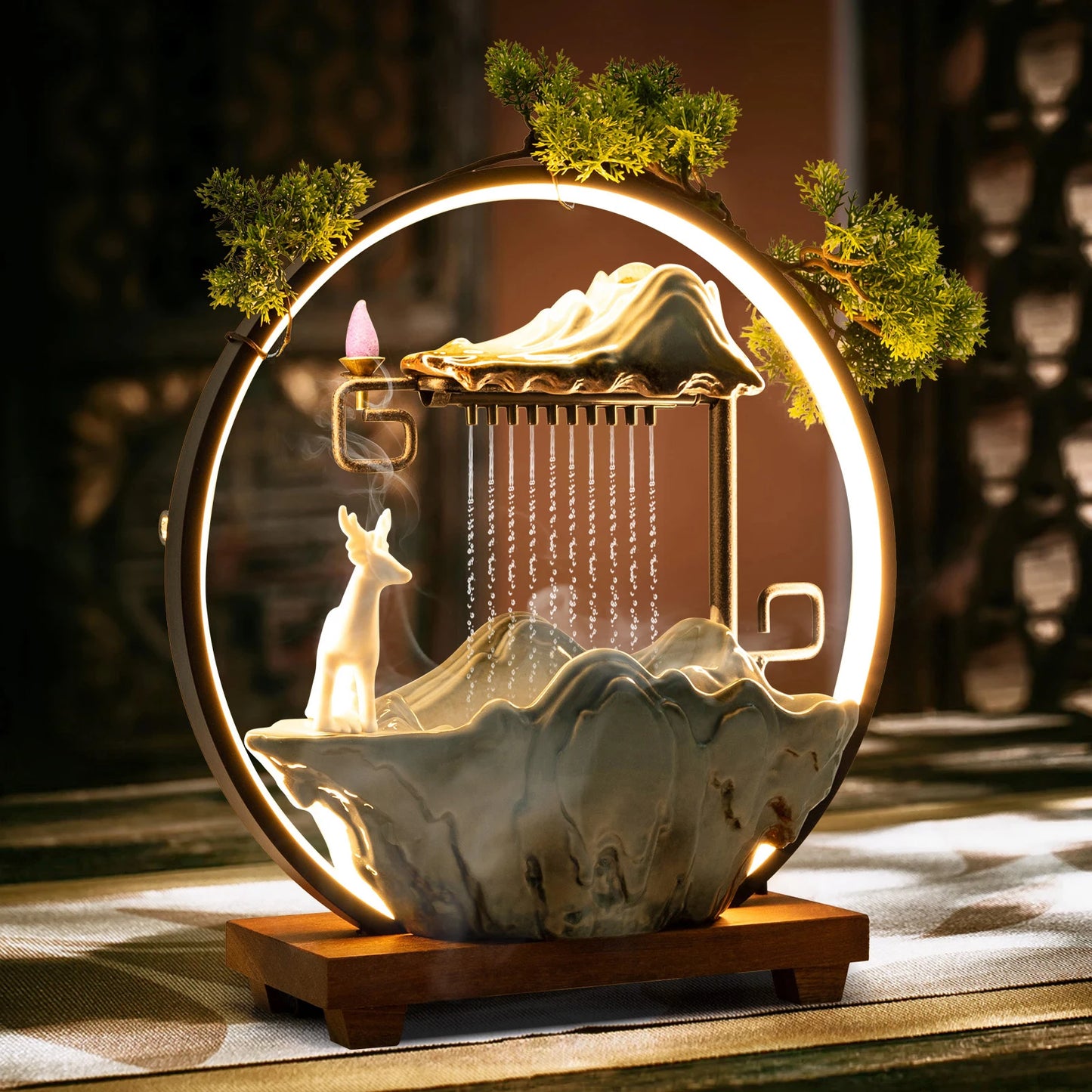 Bymaocar LED Waterfall Fountain With Mist Maker Warm Light