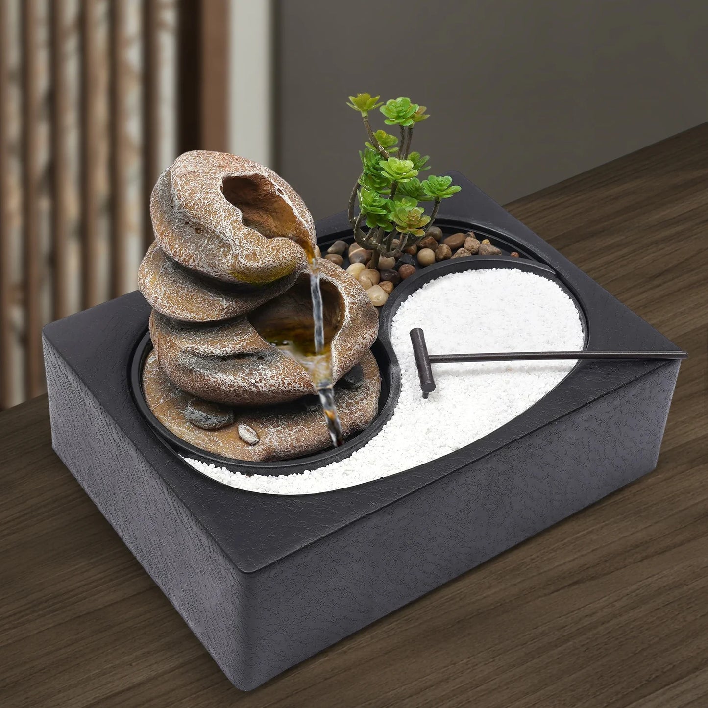 Bymaocar Tabletop Rock Water Fountain LED Desk Decor