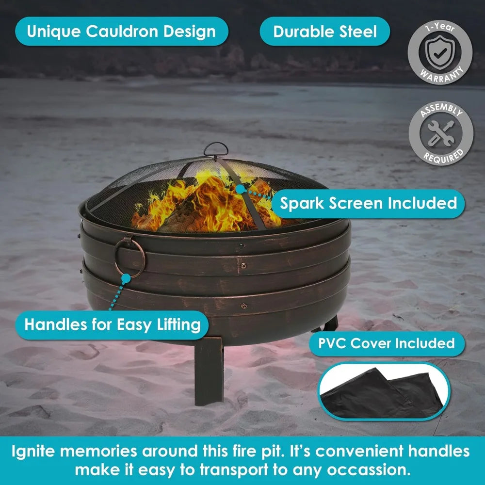 Heavy Duty Steel Cauldron Fire Pit With Spark Screen