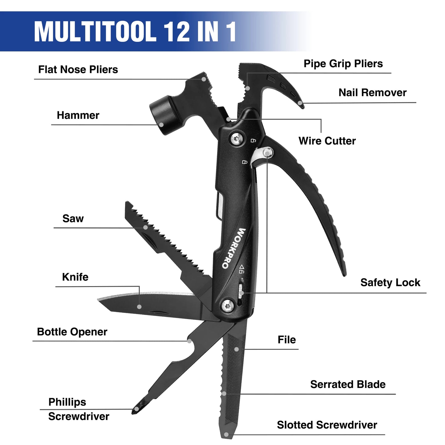 WORKPRO 12-In-1 Hammer Multitool With Sheath