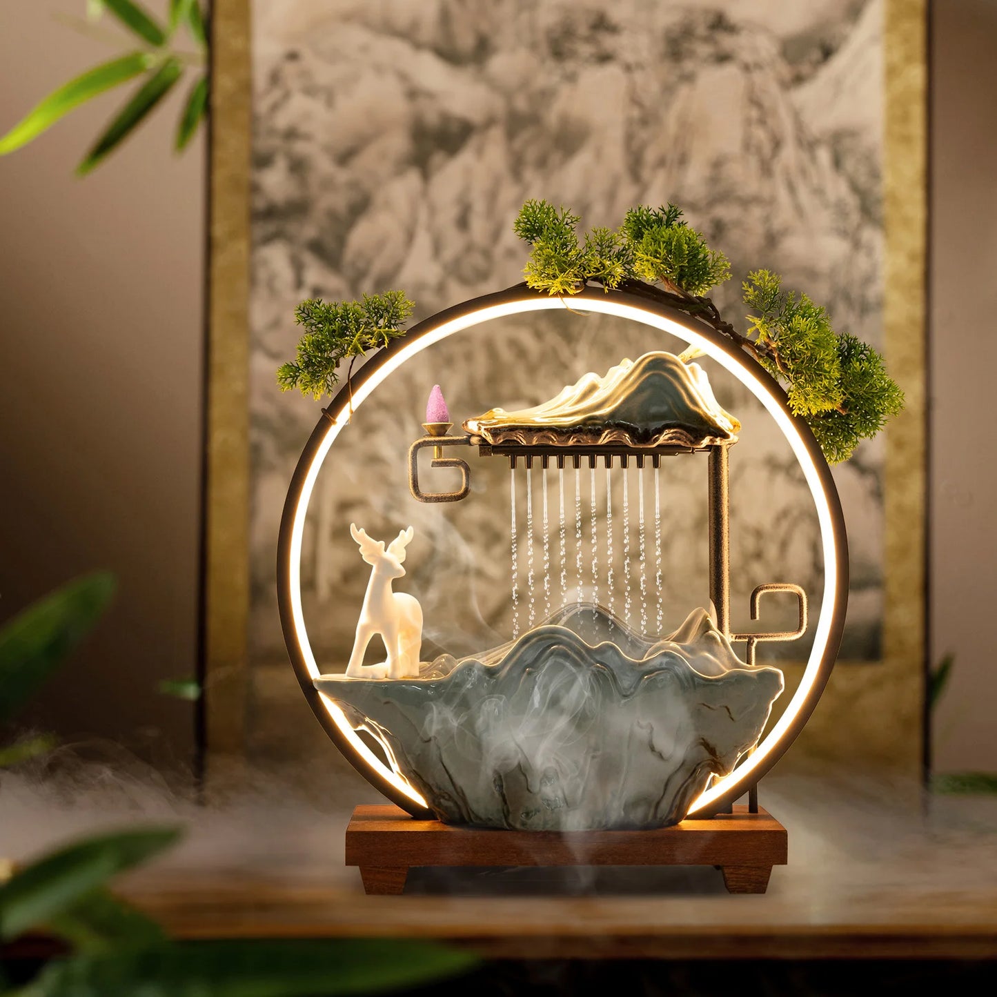 Bymaocar LED Waterfall Fountain With Mist Maker Warm Light