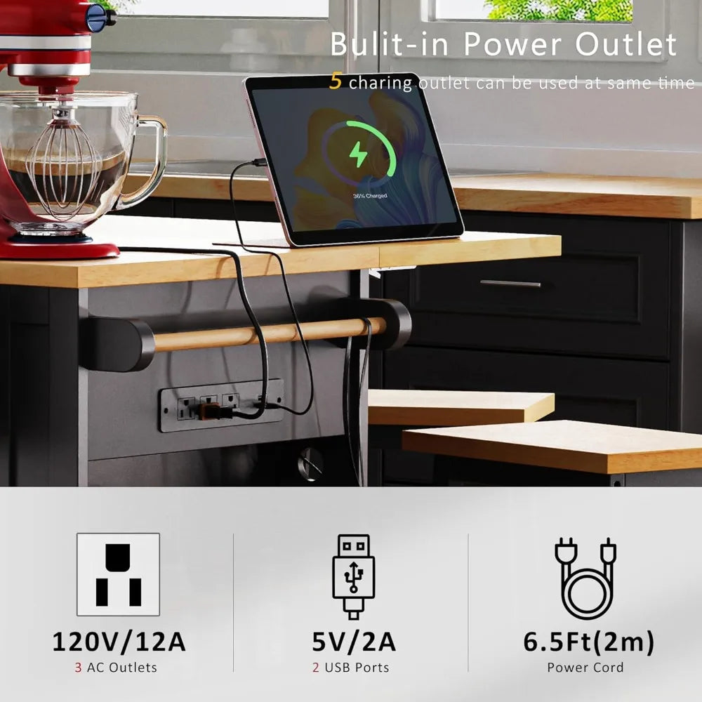 MKDK Mobile Kitchen Island With Drop Leaf And Power Outlet