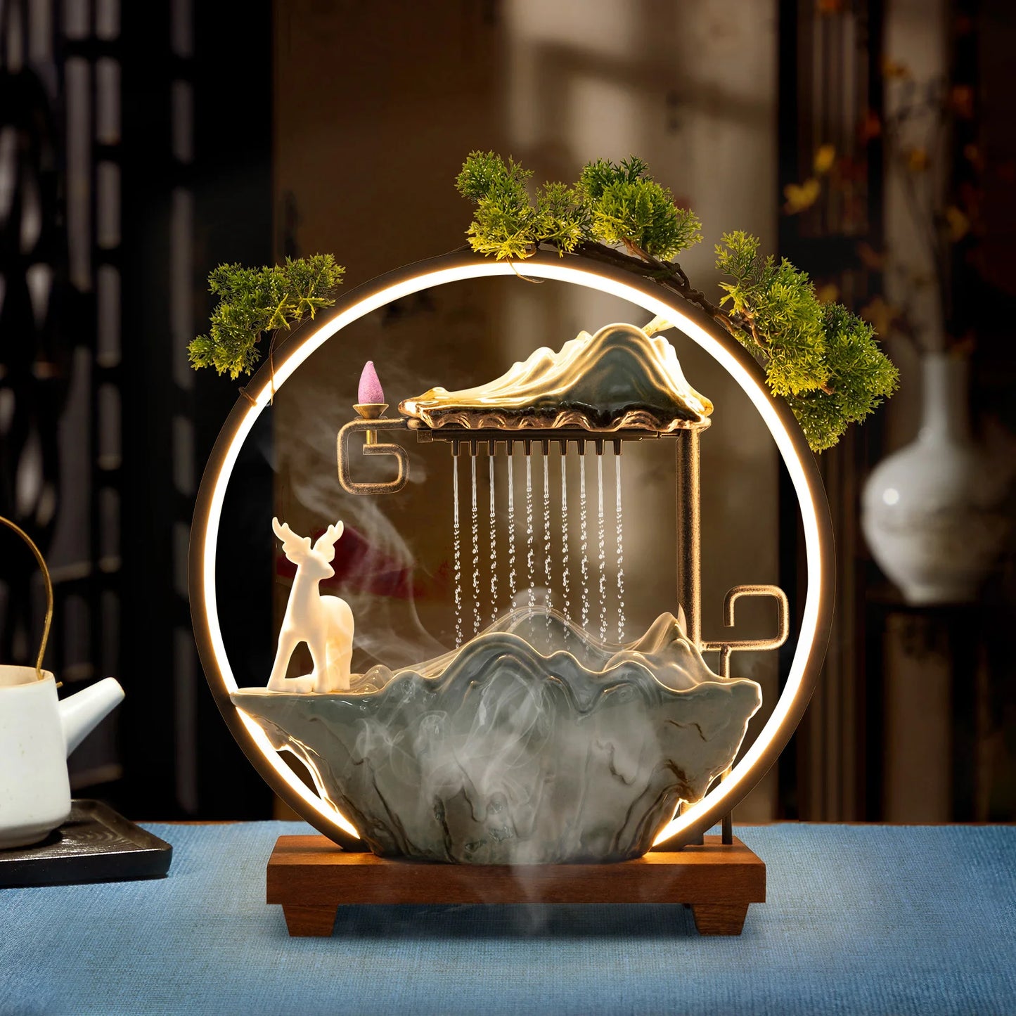 Bymaocar LED Waterfall Fountain With Mist Maker Warm Light