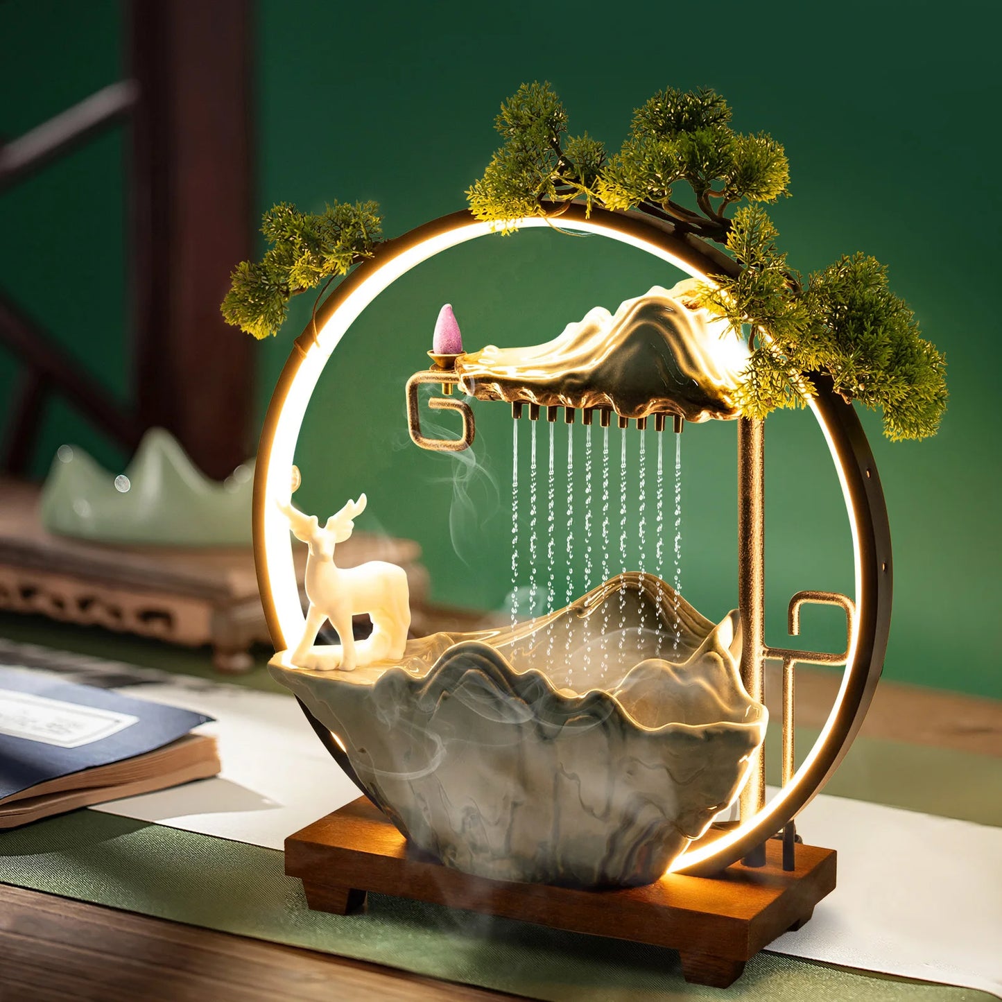 Bymaocar LED Waterfall Fountain With Mist Maker Warm Light